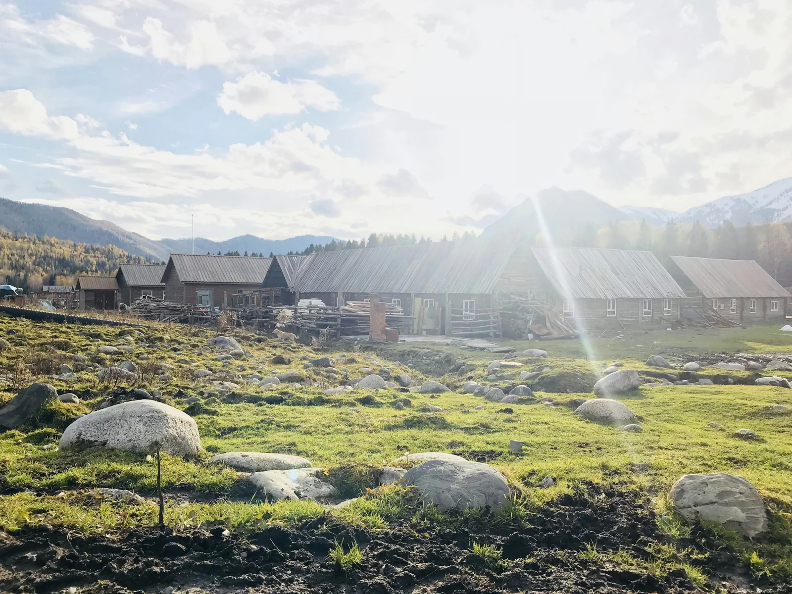 Wooden houses and meadow in Hemu