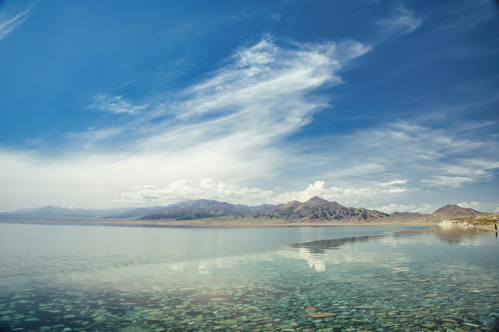 The shore and distant mountains of Sayram Lake