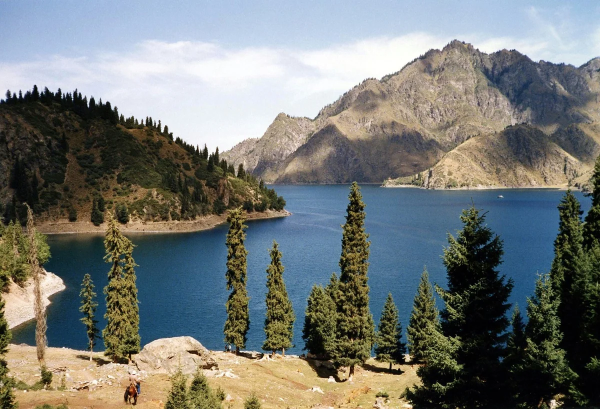 Spruce trees frame the meeting of mountain and water at Heavenly Lake.