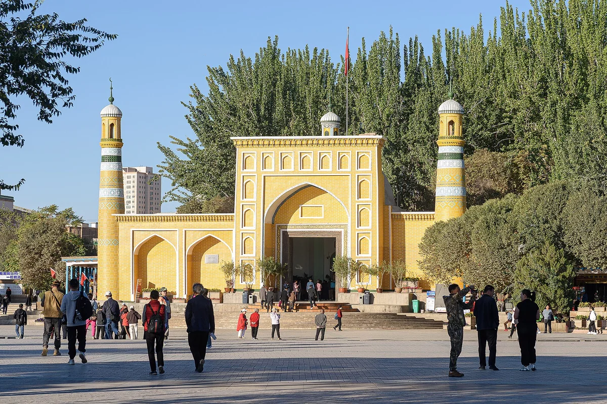 The yellow gateway of Id Kah Mosque in the heart of Kashgar.