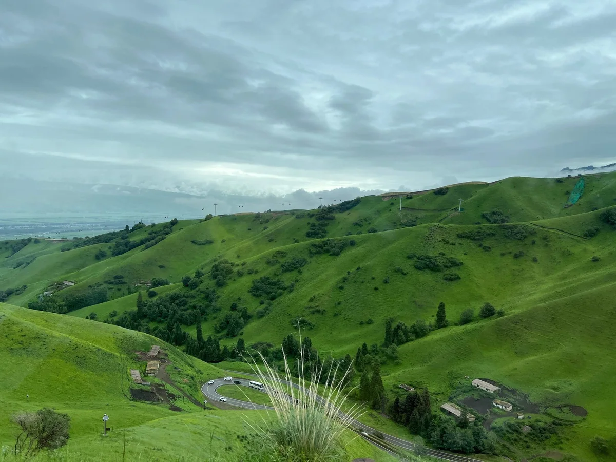 Green folds of Nalati Grassland lead the eye into the distance.