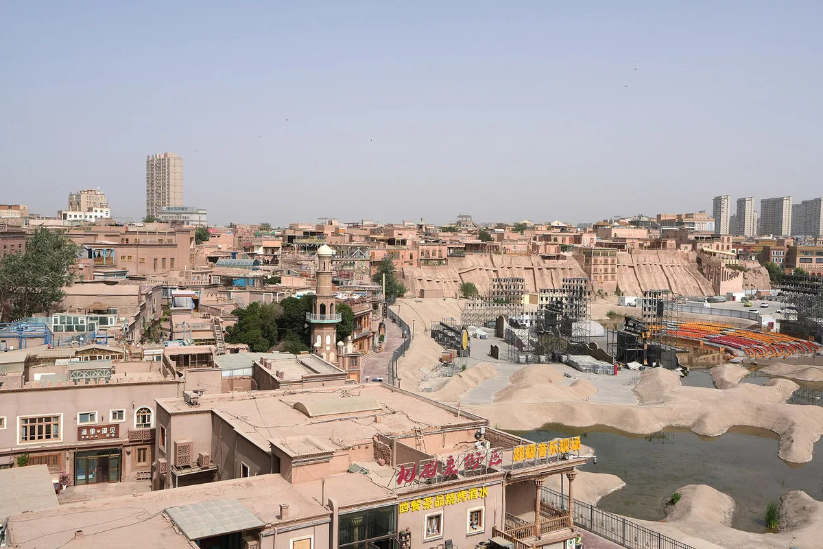 Kashgar at first glance: a layered cityscape of warm-toned rooftops.