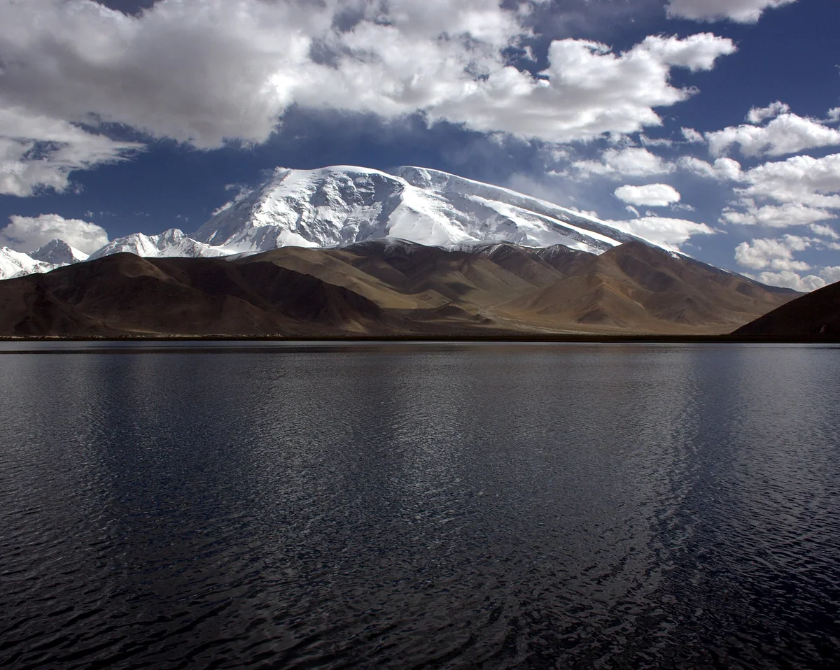 Clouds drift above Karakul Lake, with Muztagh Ata on the skyline.