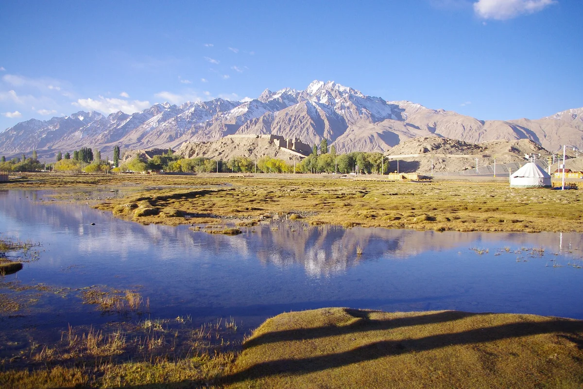 Distant Stone City, Tashkurgan · Wetlands below the ruins