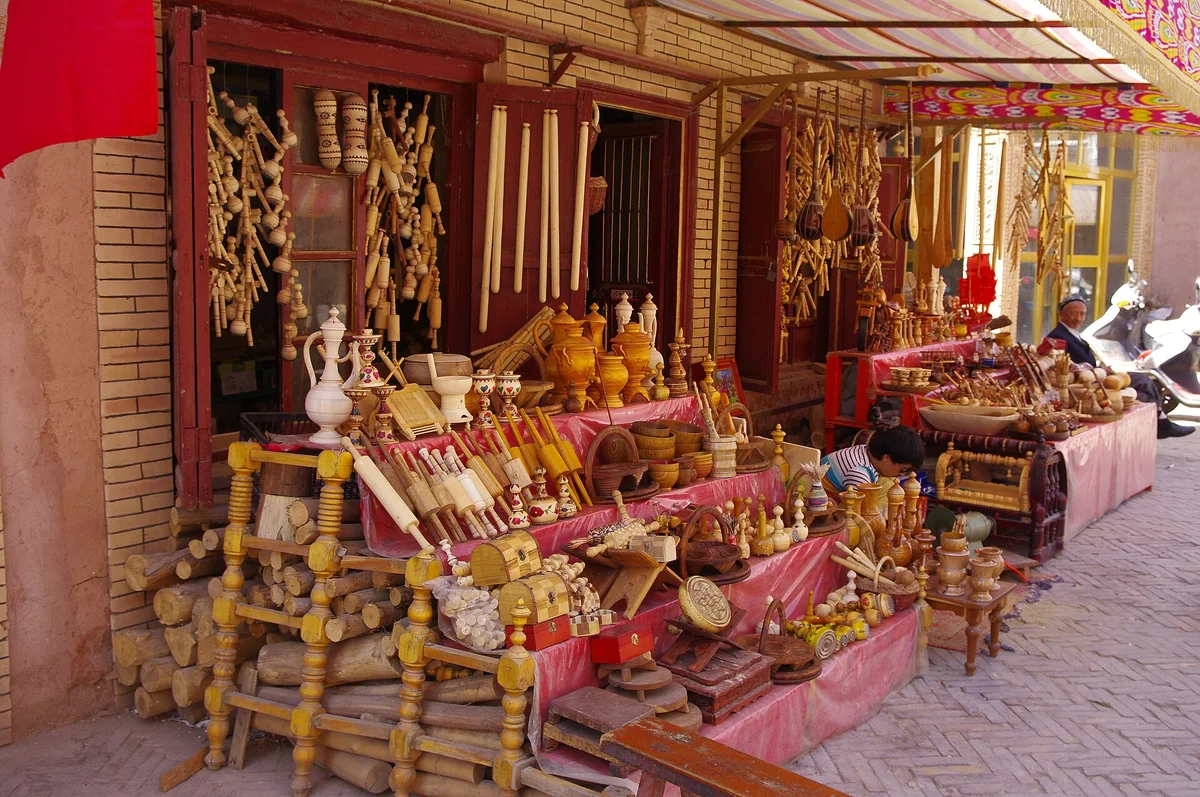Traditional instruments in an Old City shop echo Kashgar’s craft heritage.